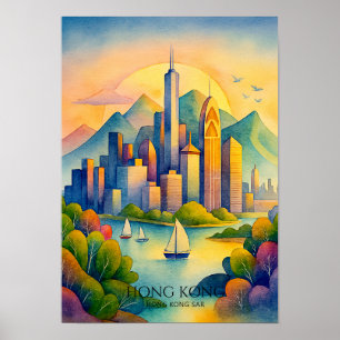 Poster Paysage urbain de Hong Kong à l'aquarelle   Voyage