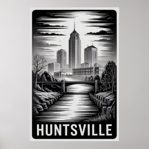 Poster Paysage urbain de Huntsville Alabama en noir et bl