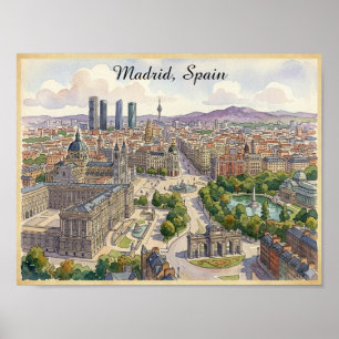 Poster Paysage urbain de Madrid Espagne Peinture à l'aqua