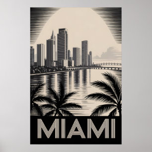 Poster Paysage urbain de Miami Floride en noir et blanc e