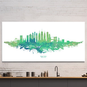 Poster Paysage urbain de New York à l'aquarelle en bleu e