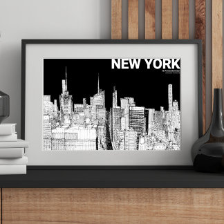 Poster Paysage urbain de NYC en noir et blanc mat croqué