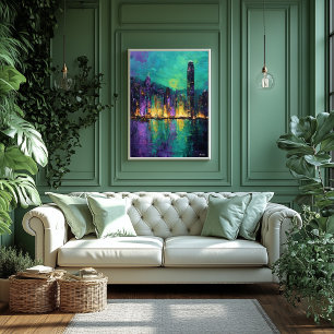 Poster Paysage urbain expressionniste de Hong Kong, port