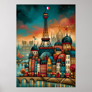 Poster Paysage urbain fantaisiste de la Tour Eiffel de Pa