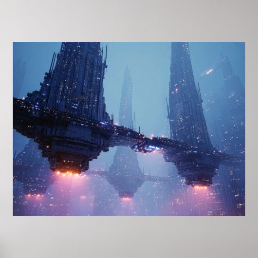 Poster Paysage urbain futuriste avec des structures flott (Devant)