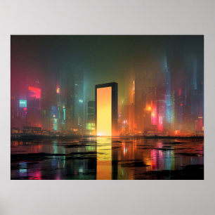 Poster Paysage urbain futuriste avec reflets néon