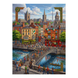 Poster Paysage urbain illustré de Dublin et pont Ha'penny