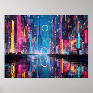 Poster Paysage urbain nocturne néon vibrant futuriste