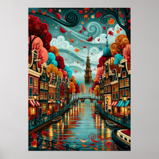 Poster Paysage urbain psychédélique des canaux d'Amsterda