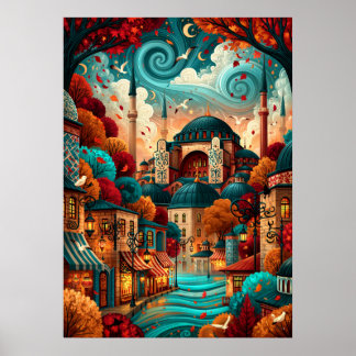 Poster Paysage urbain psychédélique d'Istanbul Sainte-Sop