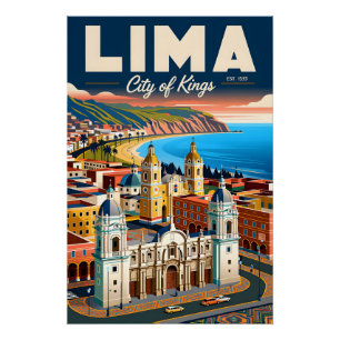 Poster Paysage urbain vintage de Lima Pérou Voyage rétro