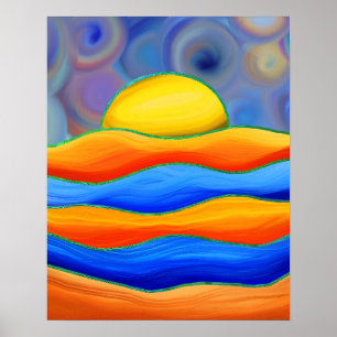 POSTER PAYSAGE VAGUE COLORÉ SOLEIL RÉTRO