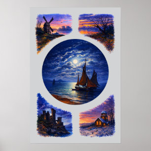 Poster Paysages Rétro de Coucher de Soleil et de Nuit Vig