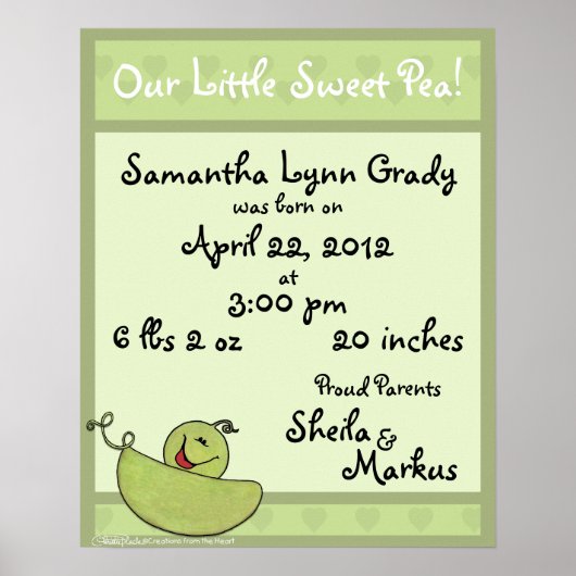 Poster Pea Pod Baby Information sur la naissance (Devant)