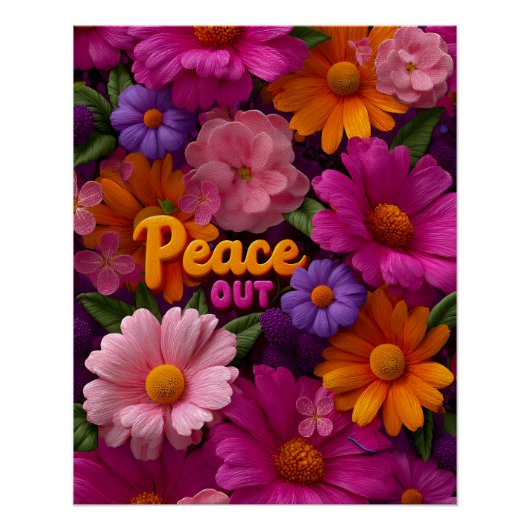 Poster Peace Out Hippie Floral Neon Peace Sign Pattern (Devant)
