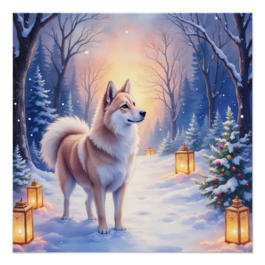 Poster Peaceful Akita on Snow Lantern Path Christmas Dog (Devant)