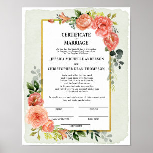 Poster Peach Floral Certificate of Marriage Keepsaké