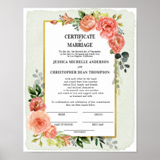 Poster Peach Floral Certificate of Marriage Keepsaké