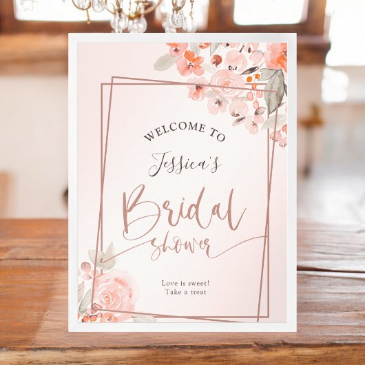 Poster Peach floral rose or accueil douche nuptiale