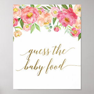 Poster Peach & Pink Peony Flower Guess the Baby Food Sign