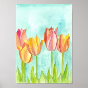 Poster Peach Pink Tulip Pastel Aquarelle Fleurs