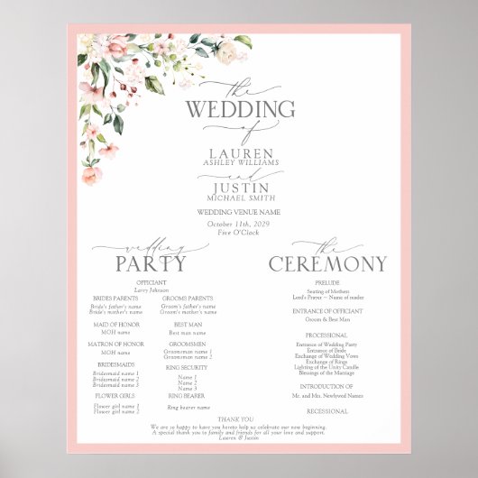 Poster Peach Pink Watercolor Programme de mariage floral (Devant)