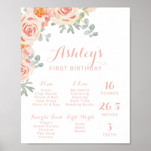 Poster Peach rose floral Premier anniversaire Jalon (Devant)