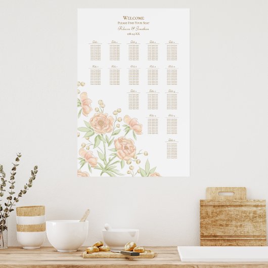 Poster Peach Rose Wedding Seating Chart (Cuisine)