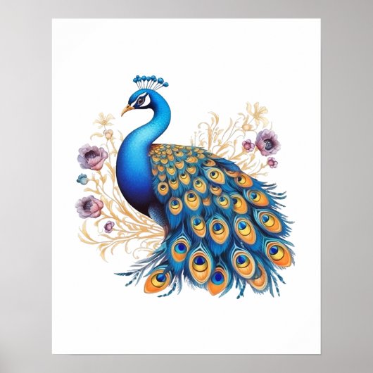 Poster Peacock Avec Fleurs Violettes (Devant)