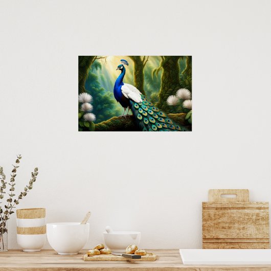 Poster Peacock blanc et bleu majestueux en forêt (Cuisine)