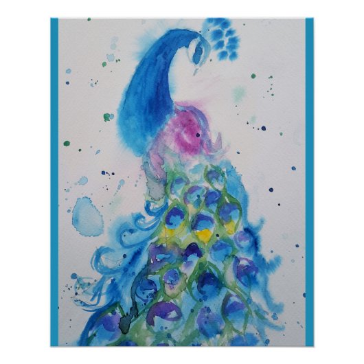 Poster Peacock bleu aquarelle peinture art (Devant)