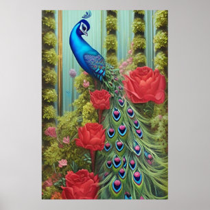 Poster Peacock Bleu en Rose et Fern Garden