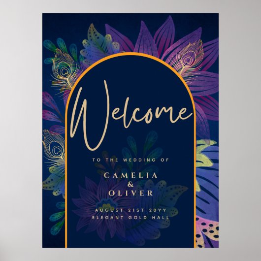 Poster Peacock Blue Jewel Tones Floral Gold Texte Mariage (Devant)