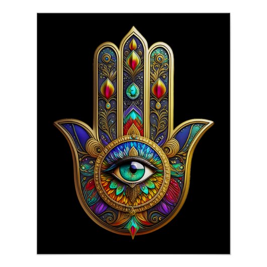 Poster Peacock Color Flower Petals Hamsa Green Third Eye (Devant)