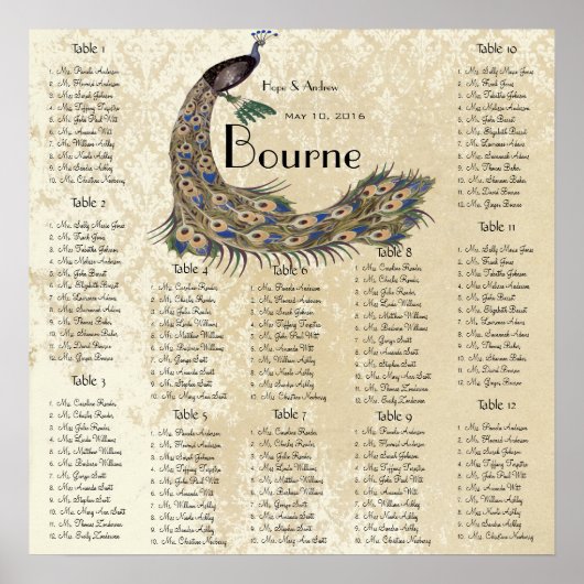 Poster Peacock Damask Wedding Seating Chart 12 Tables (Devant)