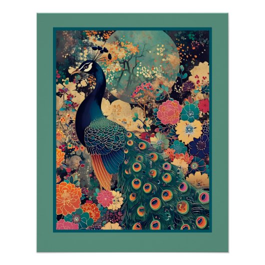 Poster Peacock dans le design floral avec lune turquoise (Devant)