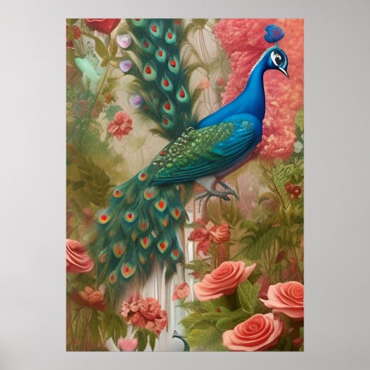 Poster Peacock en Apricot Jardin Rose (Devant)