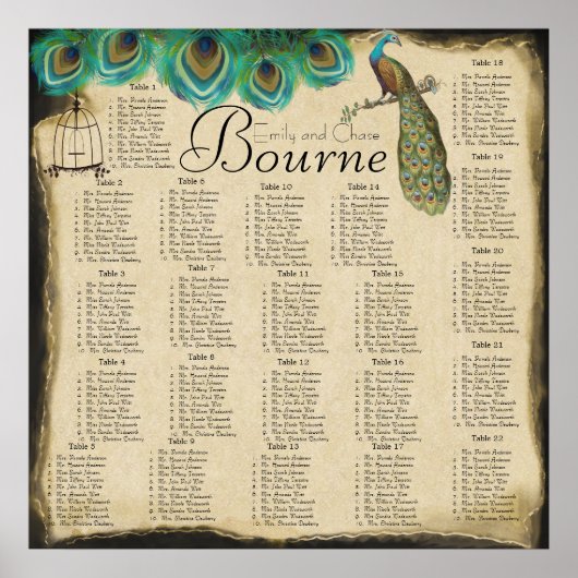 Poster Peacock Feather Bird Cage Reception Carte de siège (Devant)