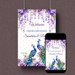 Poster Peacock fleurs violettes mariage indien signe de b<br><div class="desc">Poisson et fleurs violettes aquarelle mariage indien modifiable modèle de bienvenue affiche instantanée téléchargement numérique. Deux beaux paons fleurs de jasmin mauve glyteria suspendues fleurs et guirlandes affiche de bienvenue</div>