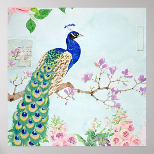 Poster Peacock Graphic | Blue And Yellow Peacocks (Devant)