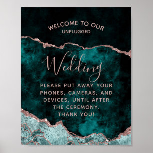 Poster Peacock Green Agate Unplugged Wedding Welcome Sign