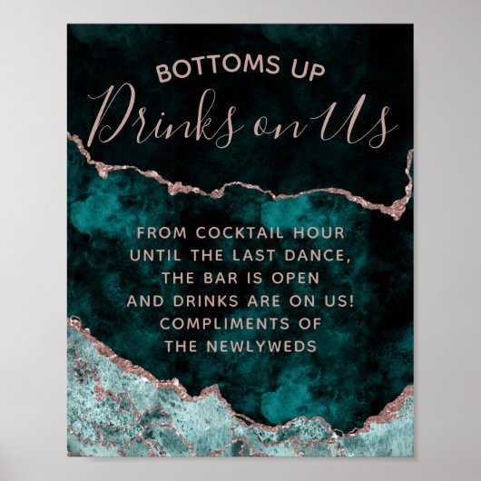 Poster Peacock Green Rose Gold Agate Open Bar Panneau de  (Devant)