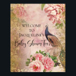 Poster Peacock Peony Floral Blush Pink Gold Decoupage Tis<br><div class="desc">An elegant Baby Shower Welcome sign that is personalized with your mother-to-be's name. Elegant vintage Peacocks were painted in watercolor and mixed with elegant blush pink peony florals, gold scrolls and swirls and collaged with subtle ephemera elements. This collage was graphically designed by internationally licensed artist and designer, Audrey Jeanne...</div>