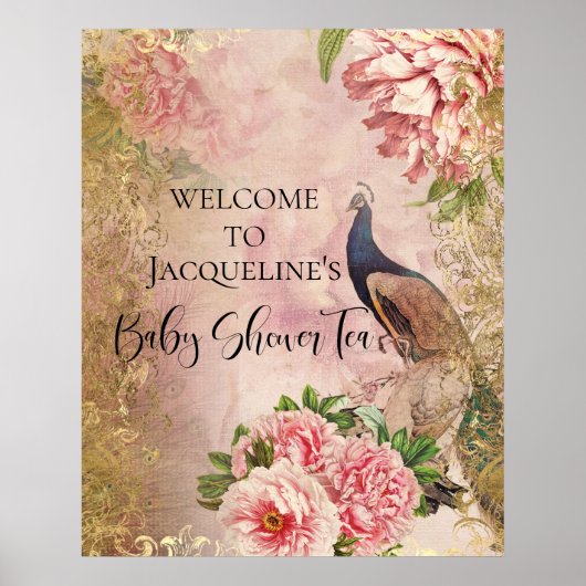 Poster Peacock Peony Floral Blush Pink Gold Decoupage Tis (Devant)