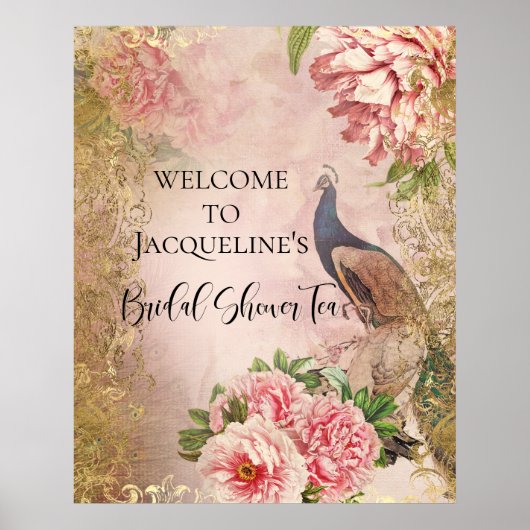 Poster Peacock Peony Floral Rose Gold Fête des mariées Th (Devant)