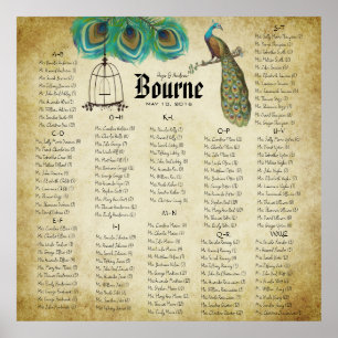 Poster Peacock Rustic Seating Chart autour de 130 invités