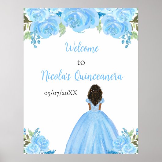 Poster Peau foncée Princesse Bleue Quinceanera Bienvenue (Devant)