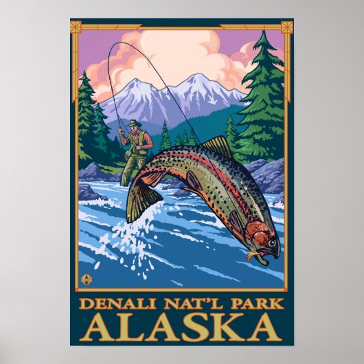 Poster Pêche à la mouche - Parc national Denali, Alaska (Devant)
