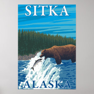 Poster Pêche à l'ours dans la rivière - Sitka, Alaska