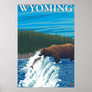 Poster Pêche à l'ours dans la rivière - Wyoming